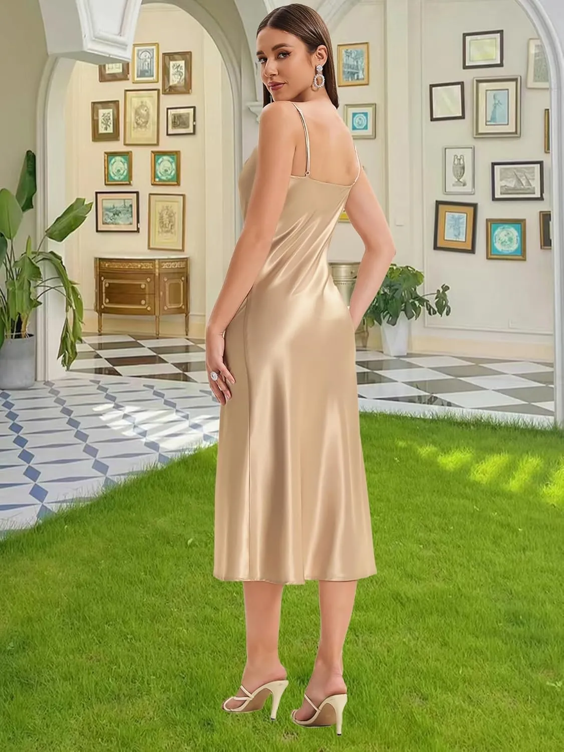 Women's Spaghetti Strap Midi Satin Slik Dress Cowl Neck Long Slip Ruched Evening Dress Party Cocktail