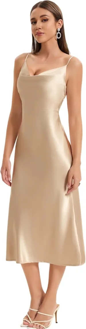 Women's Spaghetti Strap Midi Satin Slik Dress Cowl Neck Long Slip Ruched Evening Dress Party Cocktail
