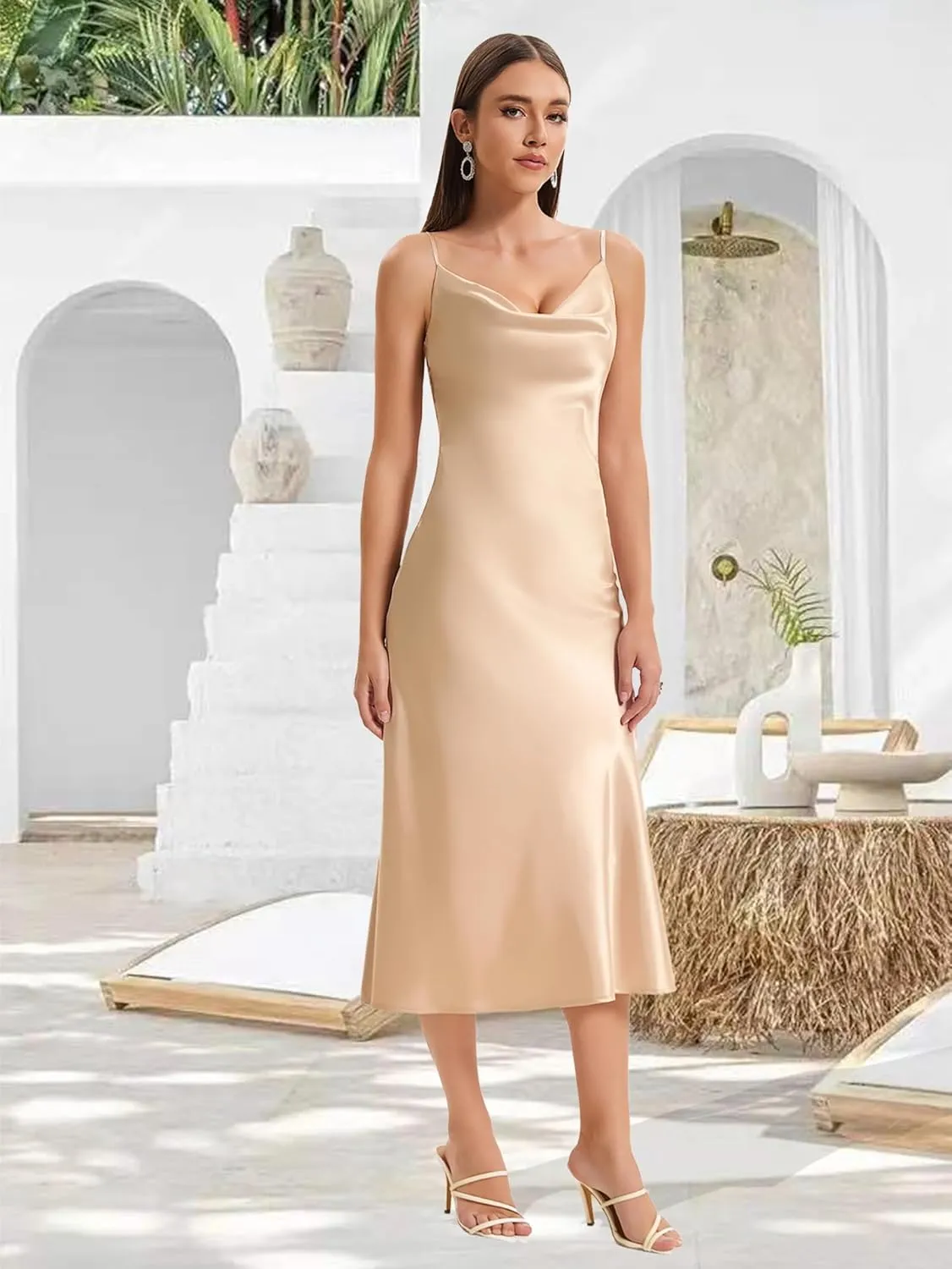 Women's Spaghetti Strap Midi Satin Slik Dress Cowl Neck Long Slip Ruched Evening Dress Party Cocktail