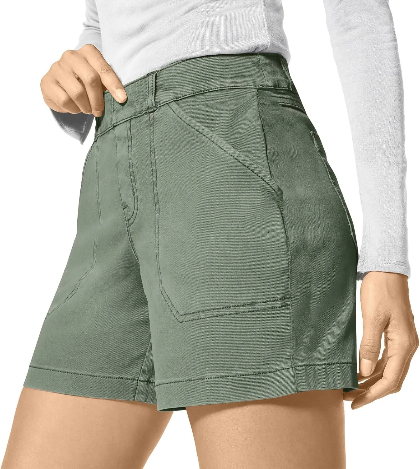 Womens Stretch Twill Shorts Casual High Waisted Stretchy Jean Shorts Loose Chino Denim Bermuda Shorts with Pockets