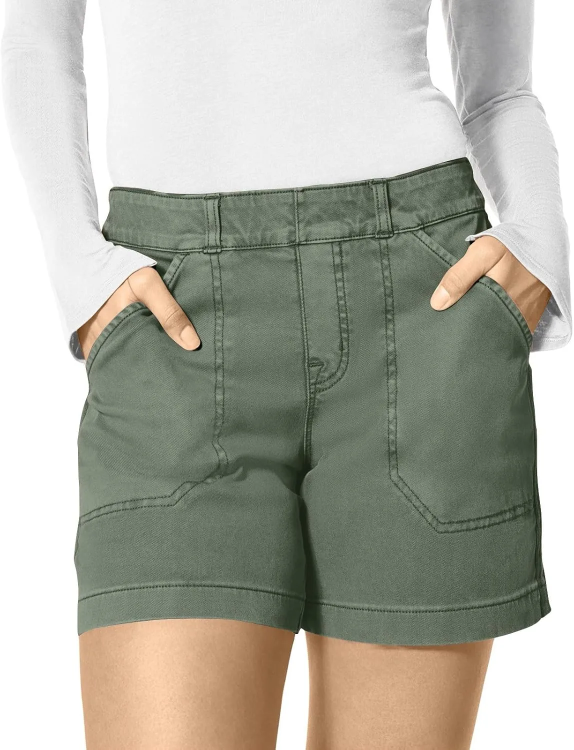 Womens Stretch Twill Shorts Casual High Waisted Stretchy Jean Shorts Loose Chino Denim Bermuda Shorts with Pockets