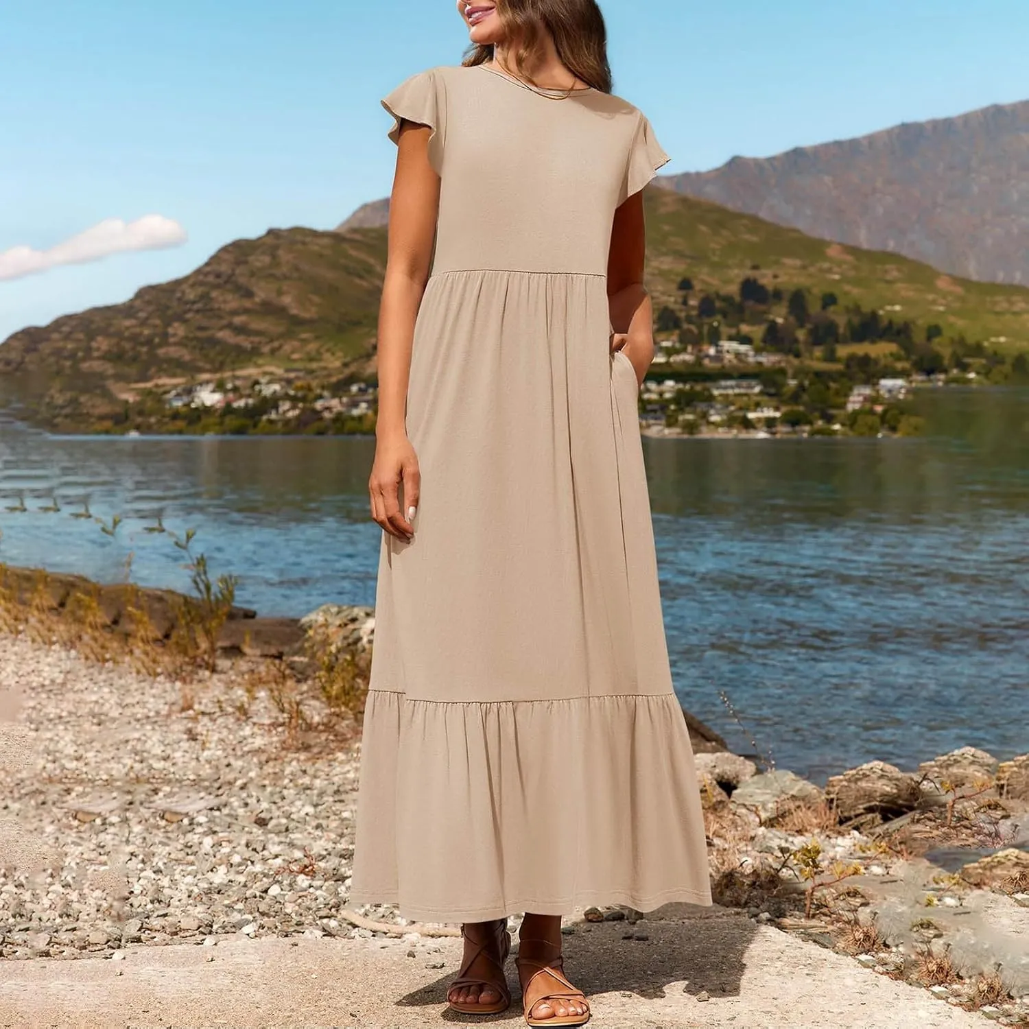 Womens Summer Casual Crewneck Swing Dress Casual Flowy Tiered Maxi Beach Dress with Pockets Dress