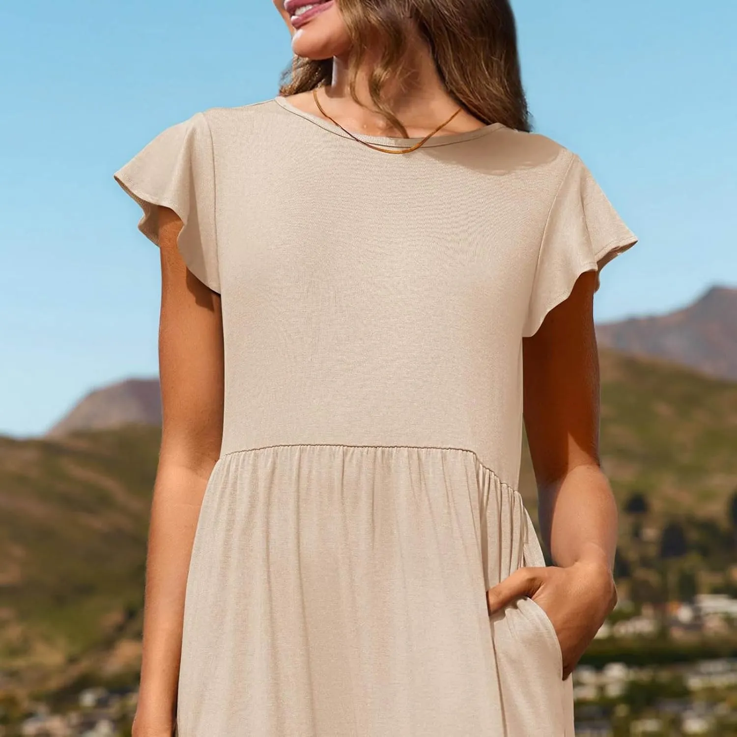 Womens Summer Casual Crewneck Swing Dress Casual Flowy Tiered Maxi Beach Dress with Pockets Dress