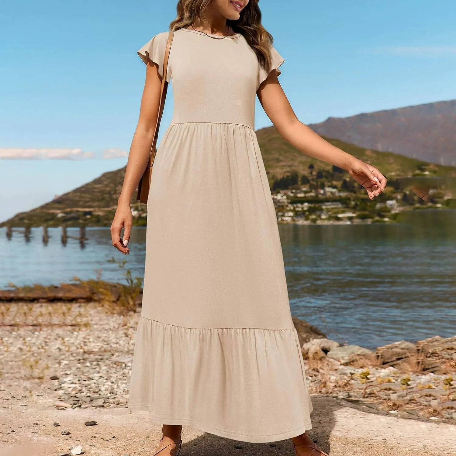 Womens Summer Casual Crewneck Swing Dress Casual Flowy Tiered Maxi Beach Dress with Pockets Dress