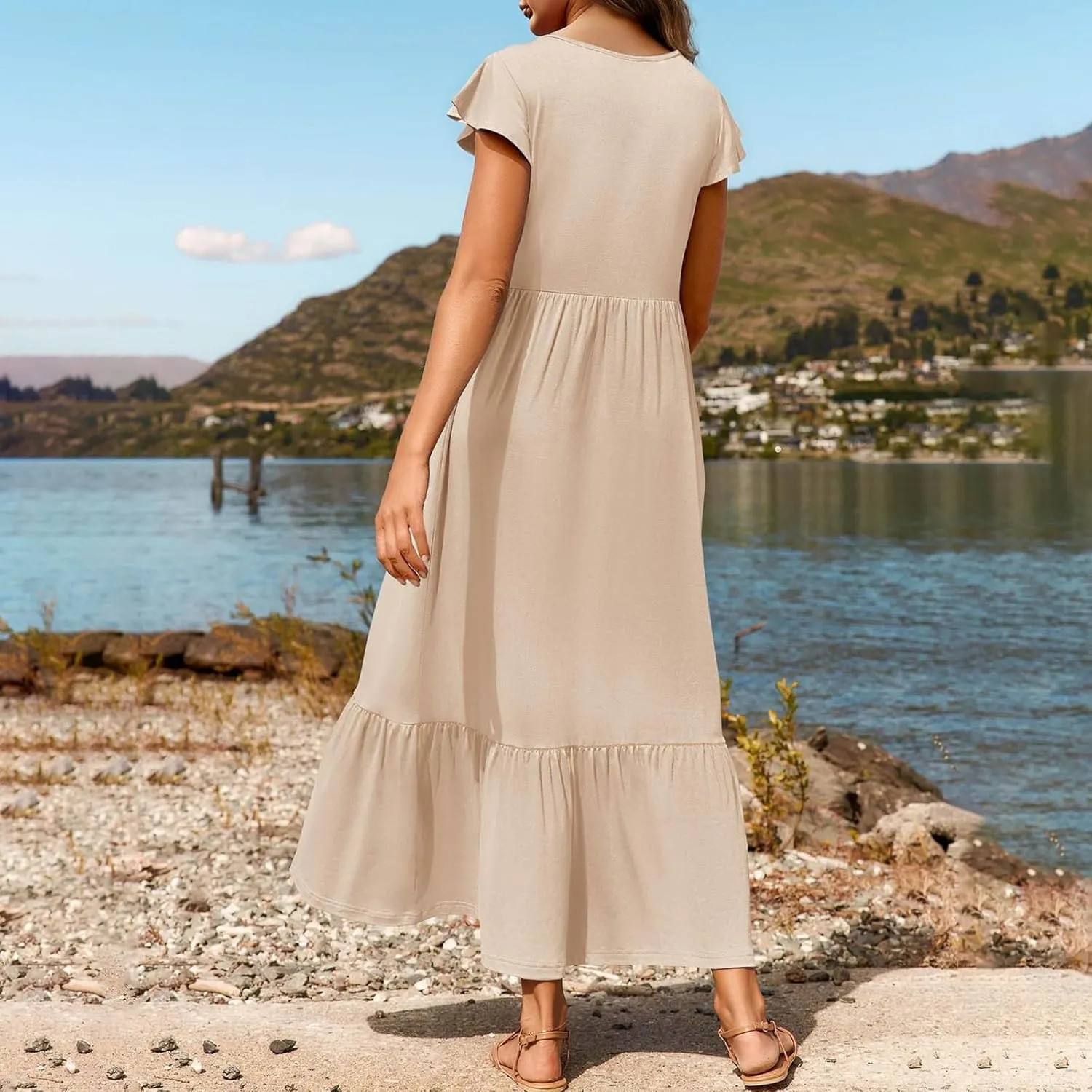 Womens Summer Casual Crewneck Swing Dress Casual Flowy Tiered Maxi Beach Dress with Pockets Dress