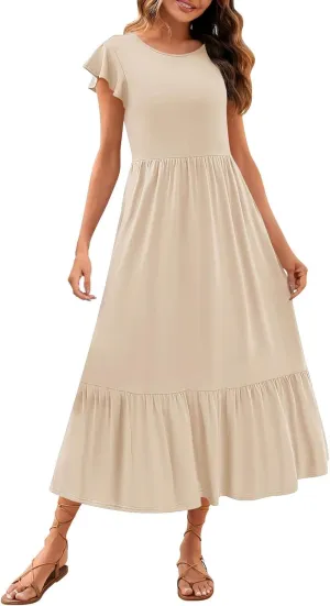 Womens Summer Casual Crewneck Swing Dress Casual Flowy Tiered Maxi Beach Dress with Pockets Dress
