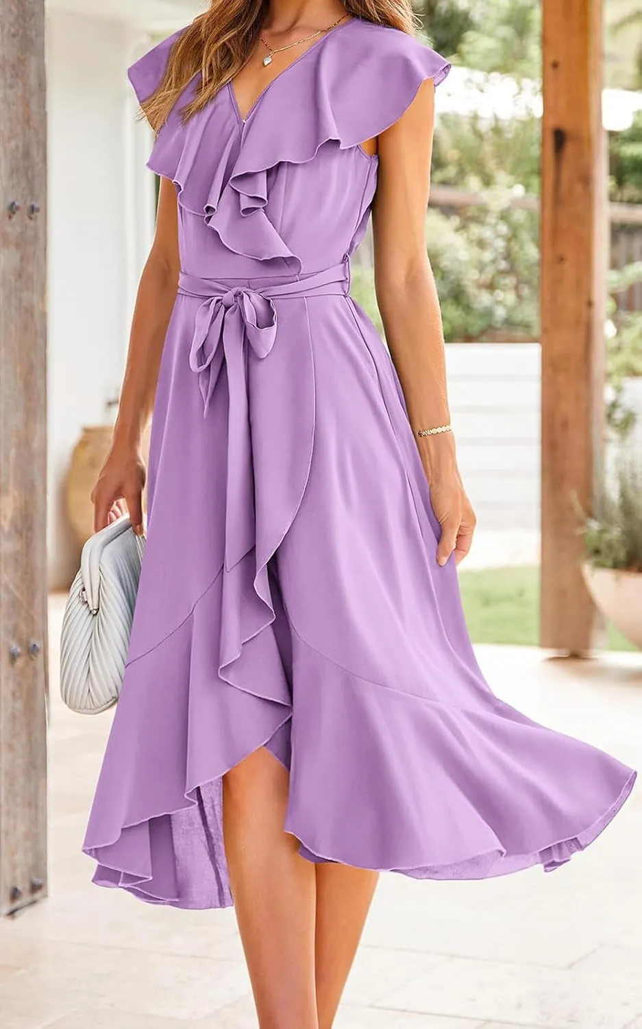 Women's Summer Casual Deep V Neck Wrap Midi Dress Boho Short Sleeve Ruffle Hem Split Beach Long Dresses with Belt