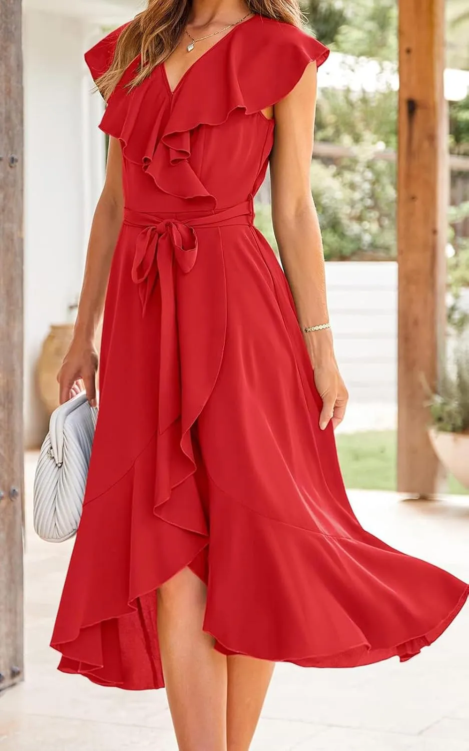 Women's Summer Casual Deep V Neck Wrap Midi Dress Boho Short Sleeve Ruffle Hem Split Beach Long Dresses with Belt