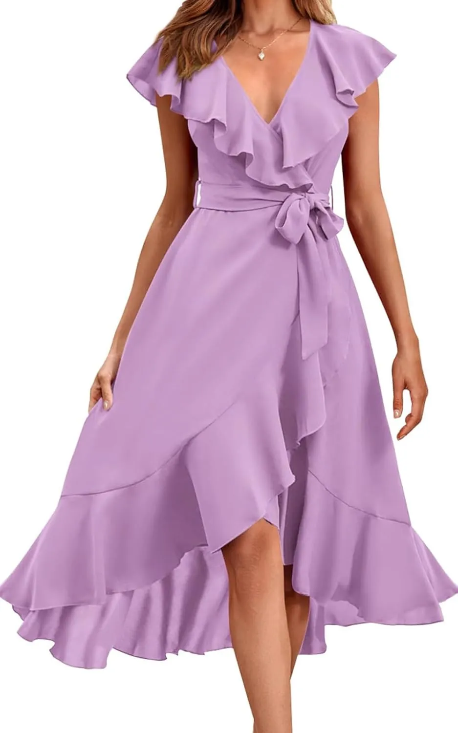 Women's Summer Casual Deep V Neck Wrap Midi Dress Boho Short Sleeve Ruffle Hem Split Beach Long Dresses with Belt