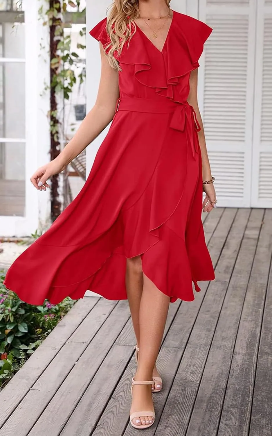Women's Summer Casual Deep V Neck Wrap Midi Dress Boho Short Sleeve Ruffle Hem Split Beach Long Dresses with Belt