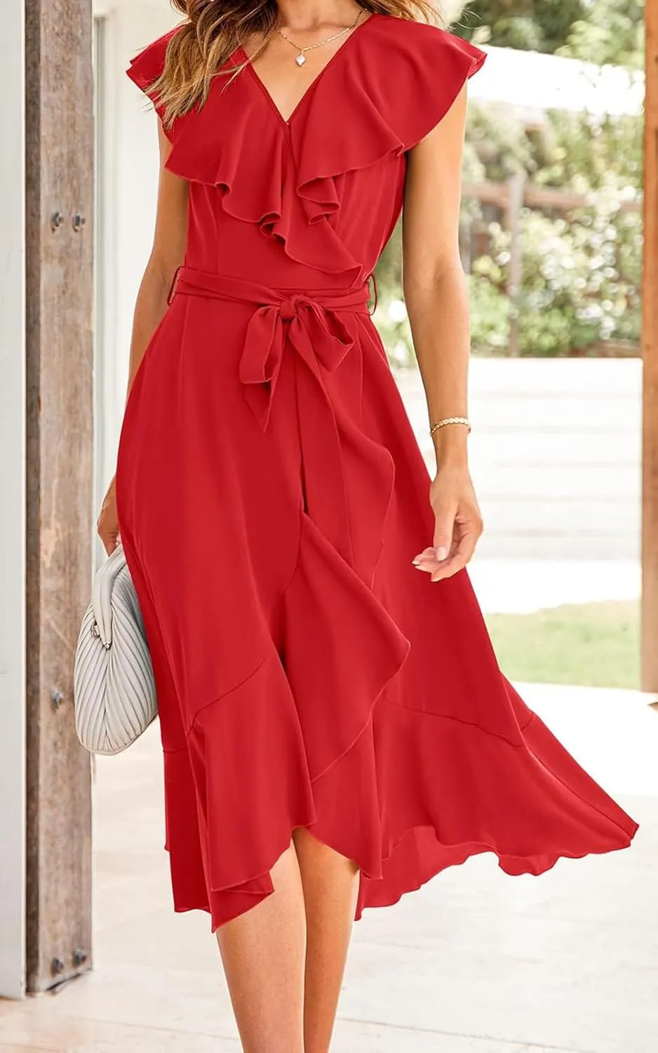 Women's Summer Casual Deep V Neck Wrap Midi Dress Boho Short Sleeve Ruffle Hem Split Beach Long Dresses with Belt