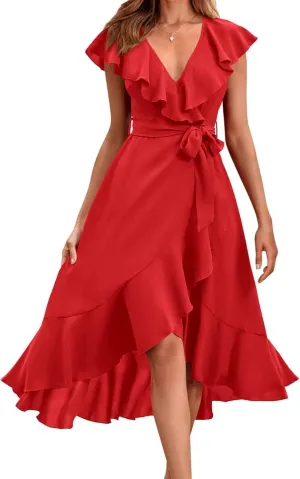 Women's Summer Casual Deep V Neck Wrap Midi Dress Boho Short Sleeve Ruffle Hem Split Beach Long Dresses with Belt