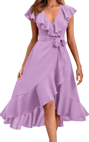 Women's Summer Casual Deep V Neck Wrap Midi Dress Boho Short Sleeve Ruffle Hem Split Beach Long Dresses with Belt