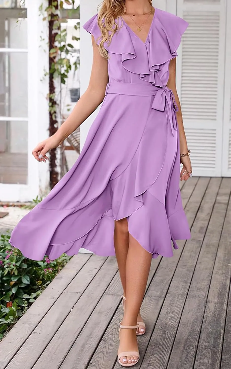 Women's Summer Casual Deep V Neck Wrap Midi Dress Boho Short Sleeve Ruffle Hem Split Beach Long Dresses with Belt