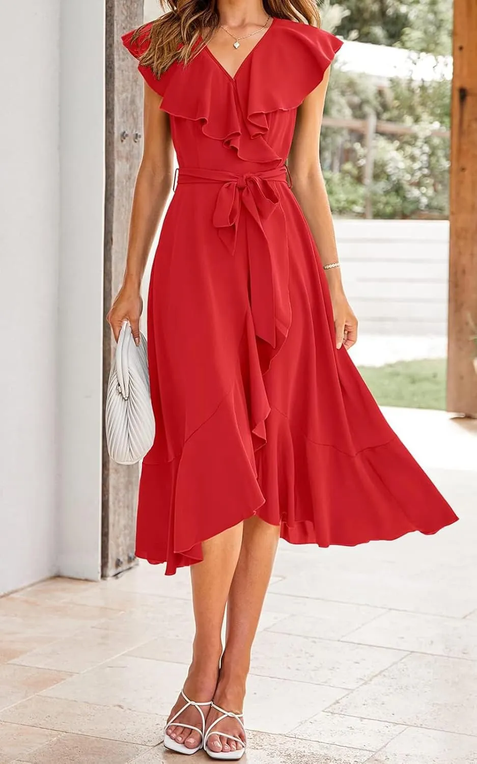 Women's Summer Casual Deep V Neck Wrap Midi Dress Boho Short Sleeve Ruffle Hem Split Beach Long Dresses with Belt
