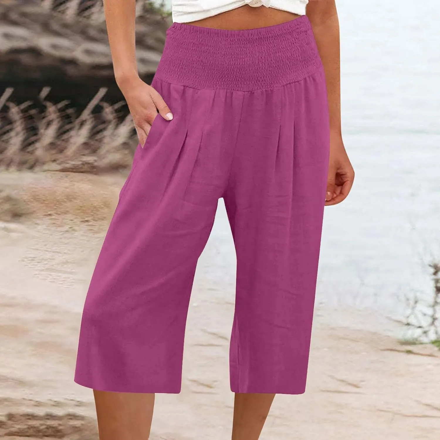 Womens Summer Casual Linen Pants Loose Wide Leg Palazzo Capris Smocked High Waist Flowy Beach Cropped Pants