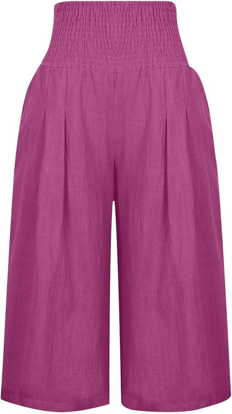 Womens Summer Casual Linen Pants Loose Wide Leg Palazzo Capris Smocked High Waist Flowy Beach Cropped Pants