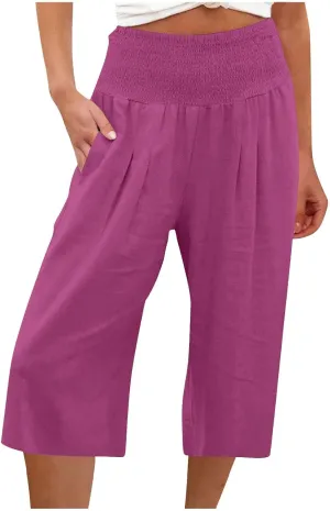 Womens Summer Casual Linen Pants Loose Wide Leg Palazzo Capris Smocked High Waist Flowy Beach Cropped Pants