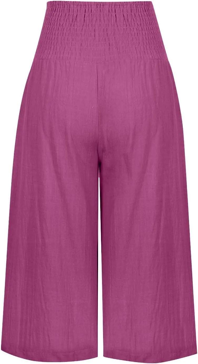 Womens Summer Casual Linen Pants Loose Wide Leg Palazzo Capris Smocked High Waist Flowy Beach Cropped Pants