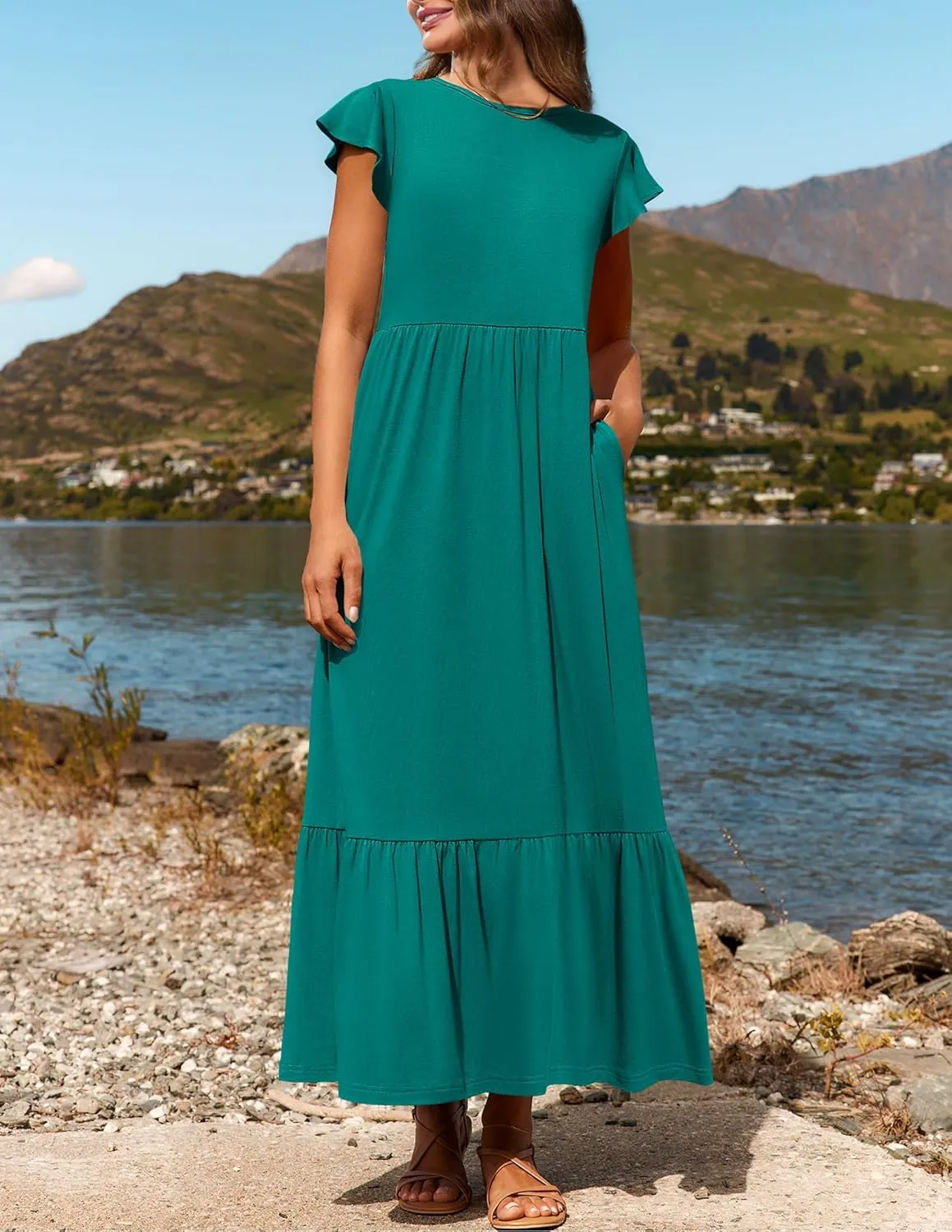 Women's Summer Dress Aline Flowy Tiered Maxi Long Beach Dress Elegant Ruffle Sleeve Crewneck Sundress Tunic Dresses