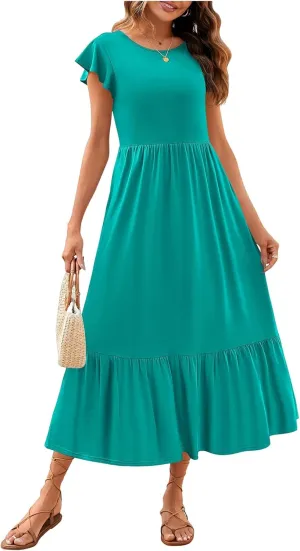 Women's Summer Dress Aline Flowy Tiered Maxi Long Beach Dress Elegant Ruffle Sleeve Crewneck Sundress Tunic Dresses
