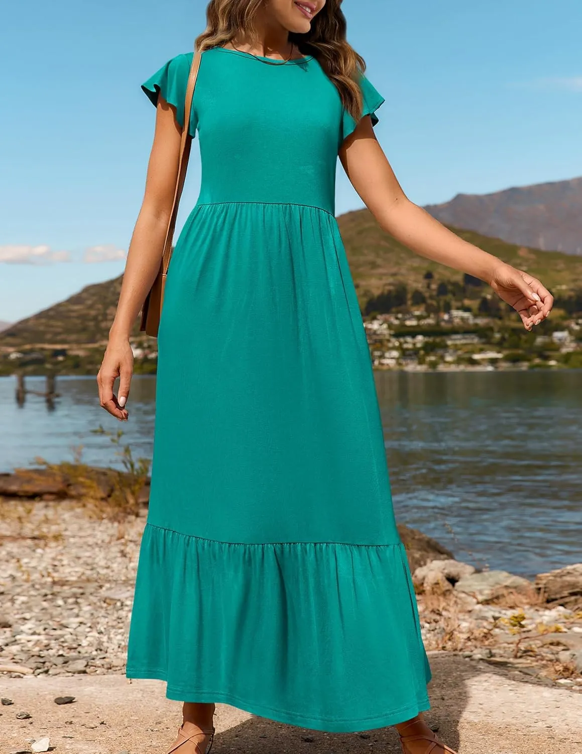 Women's Summer Dress Aline Flowy Tiered Maxi Long Beach Dress Elegant Ruffle Sleeve Crewneck Sundress Tunic Dresses