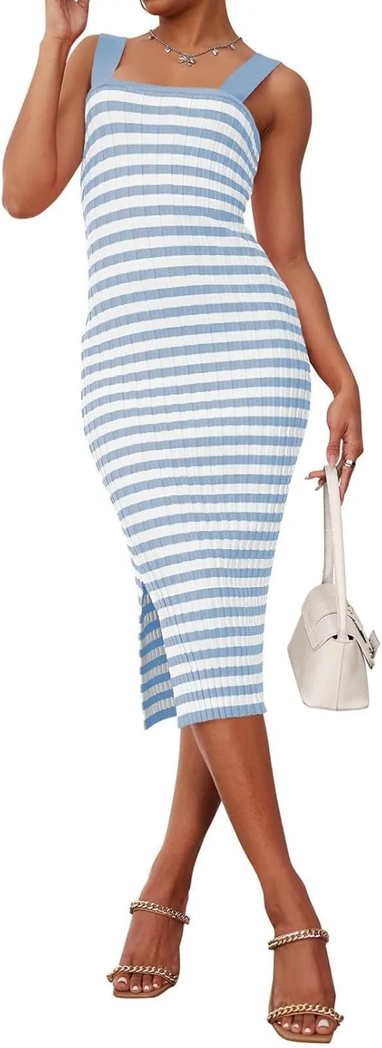 Women's Summer Dress Bodycon Sleeveless Long Dress Ribbed Textured Square Neck Striped Dresses Boho Vacation Dresses