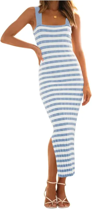 Women's Summer Dress Bodycon Sleeveless Long Dress Ribbed Textured Square Neck Striped Dresses Boho Vacation Dresses