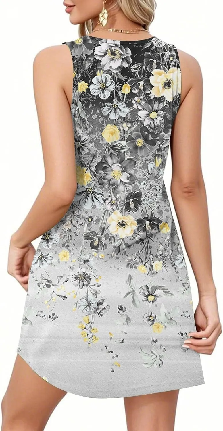 Women's Summer Dresses 2025 Beach Casual Sleeveless Floral Print Tank Dress V Neck Loose Sundress with Pocket S-3XL