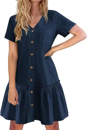 Womens Summer Dresses 2025 Button Down Ruffle Hem Midi Dress V Neck Short Sleeve Dresses Swing Flowy A-Line Dress