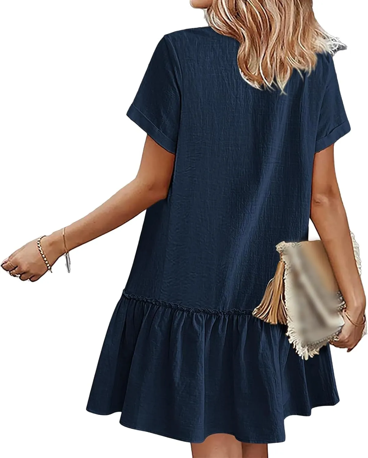 Womens Summer Dresses 2025 Button Down Ruffle Hem Midi Dress V Neck Short Sleeve Dresses Swing Flowy A-Line Dress