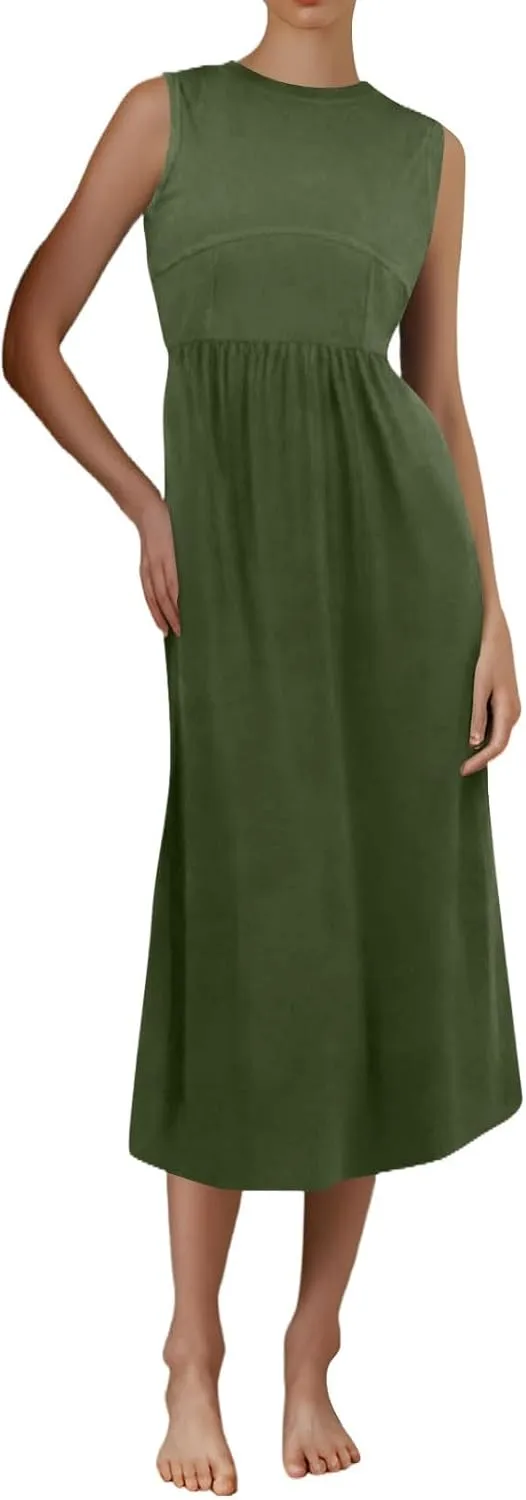 Womens Summer Dresses Casual Sundresses High Waist Midi Dresses Tank Sleeveless Wrap Dress A Line Dress with Pockets