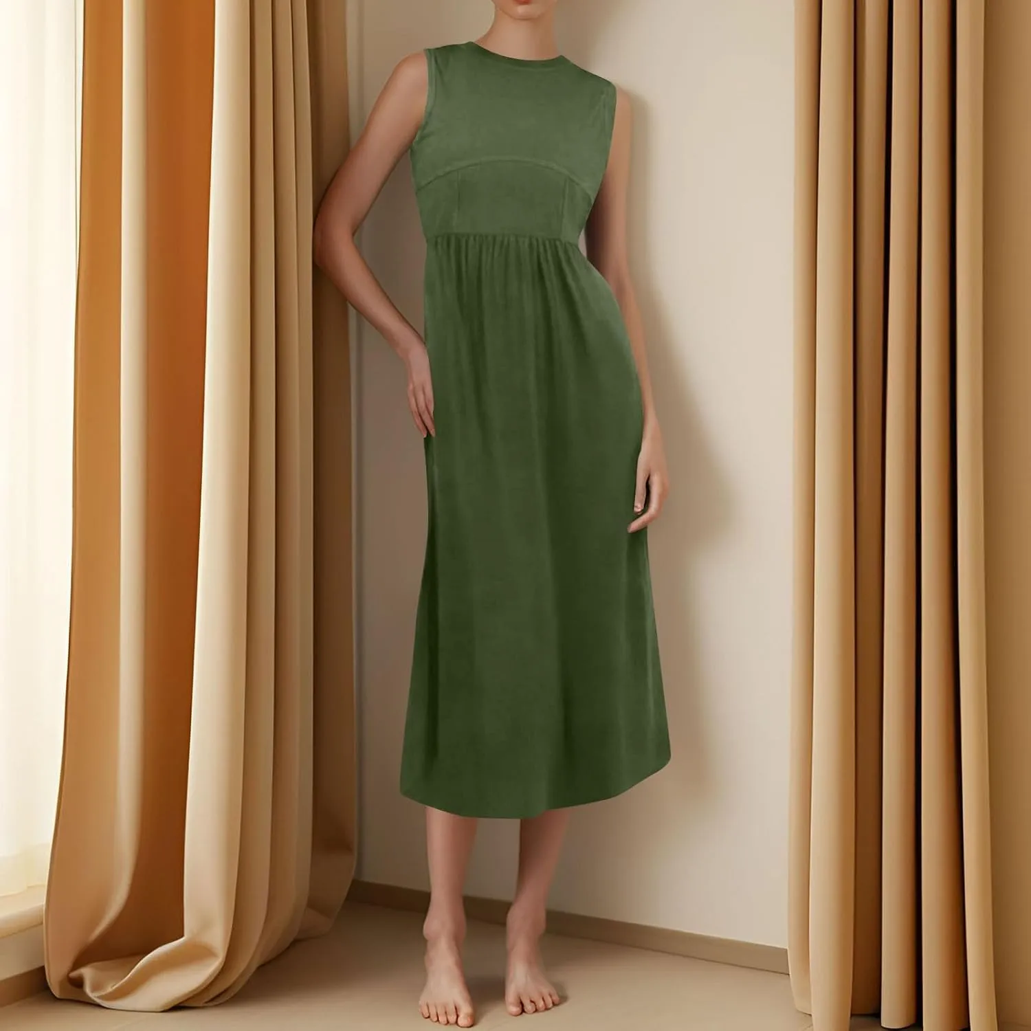 Womens Summer Dresses Casual Sundresses High Waist Midi Dresses Tank Sleeveless Wrap Dress A Line Dress with Pockets