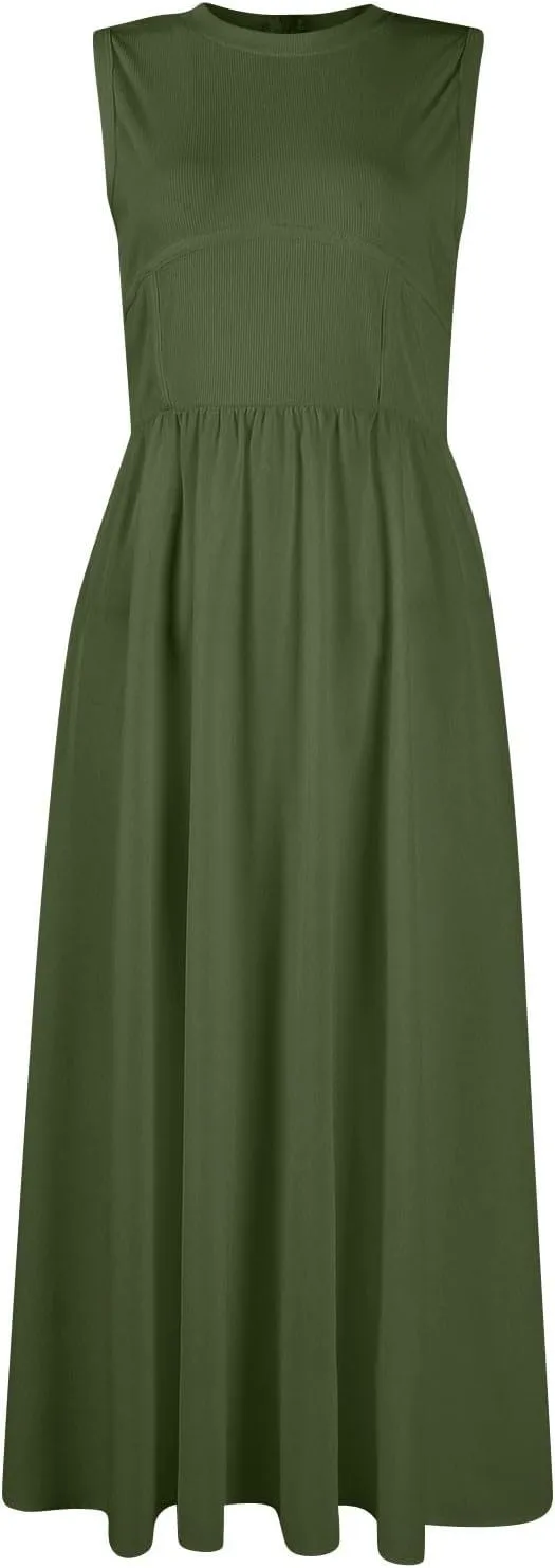 Womens Summer Dresses Casual Sundresses High Waist Midi Dresses Tank Sleeveless Wrap Dress A Line Dress with Pockets
