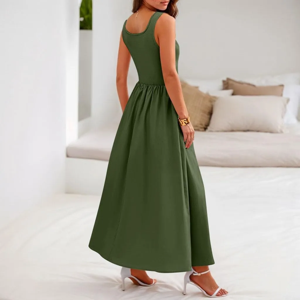 Womens Summer Dresses Casual Sundresses High Waist Midi Dresses Tank Sleeveless Wrap Dress A Line Dress with Pockets