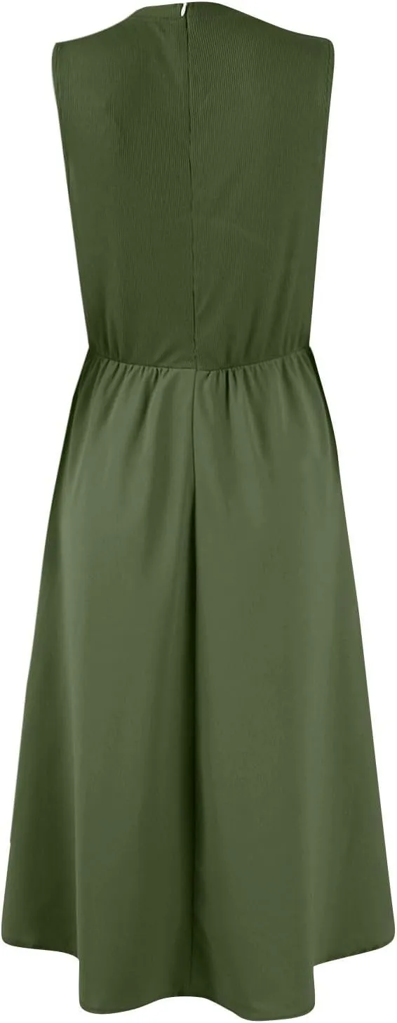 Womens Summer Dresses Casual Sundresses High Waist Midi Dresses Tank Sleeveless Wrap Dress A Line Dress with Pockets