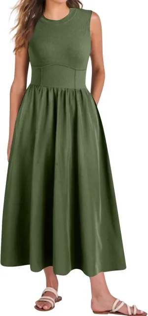 Womens Summer Dresses Casual Sundresses High Waist Midi Dresses Tank Sleeveless Wrap Dress A Line Dress with Pockets