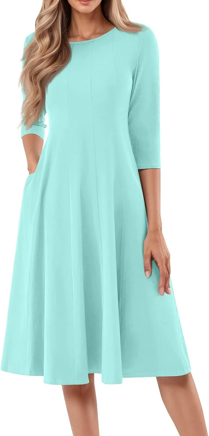 Womens Summer Dresses Crew Neck 3/4 Sleeve Dress Solid Color Wrap Dress Spring Midi Dresses Pleated with Pocket