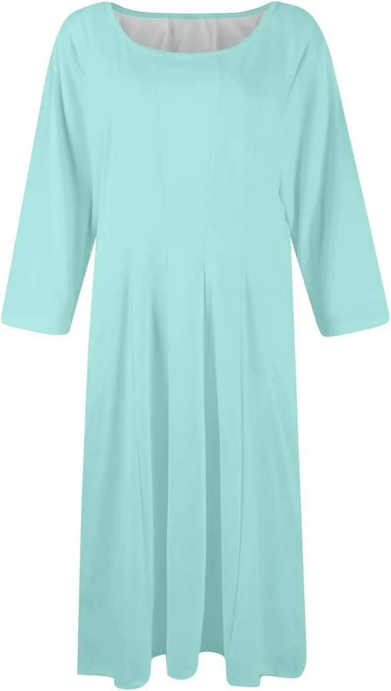 Womens Summer Dresses Crew Neck 3/4 Sleeve Dress Solid Color Wrap Dress Spring Midi Dresses Pleated with Pocket