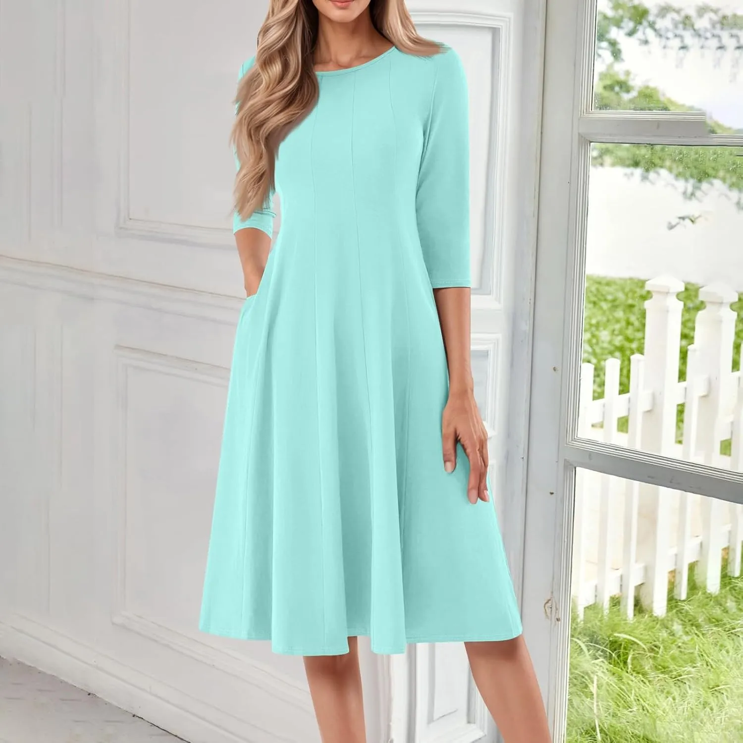 Womens Summer Dresses Crew Neck 3/4 Sleeve Dress Solid Color Wrap Dress Spring Midi Dresses Pleated with Pocket