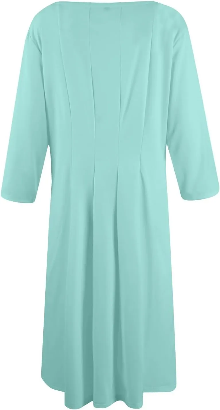 Womens Summer Dresses Crew Neck 3/4 Sleeve Dress Solid Color Wrap Dress Spring Midi Dresses Pleated with Pocket