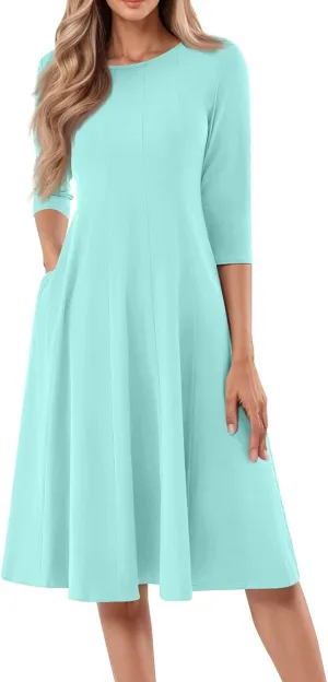 Womens Summer Dresses Crew Neck 3/4 Sleeve Dress Solid Color Wrap Dress Spring Midi Dresses Pleated with Pocket