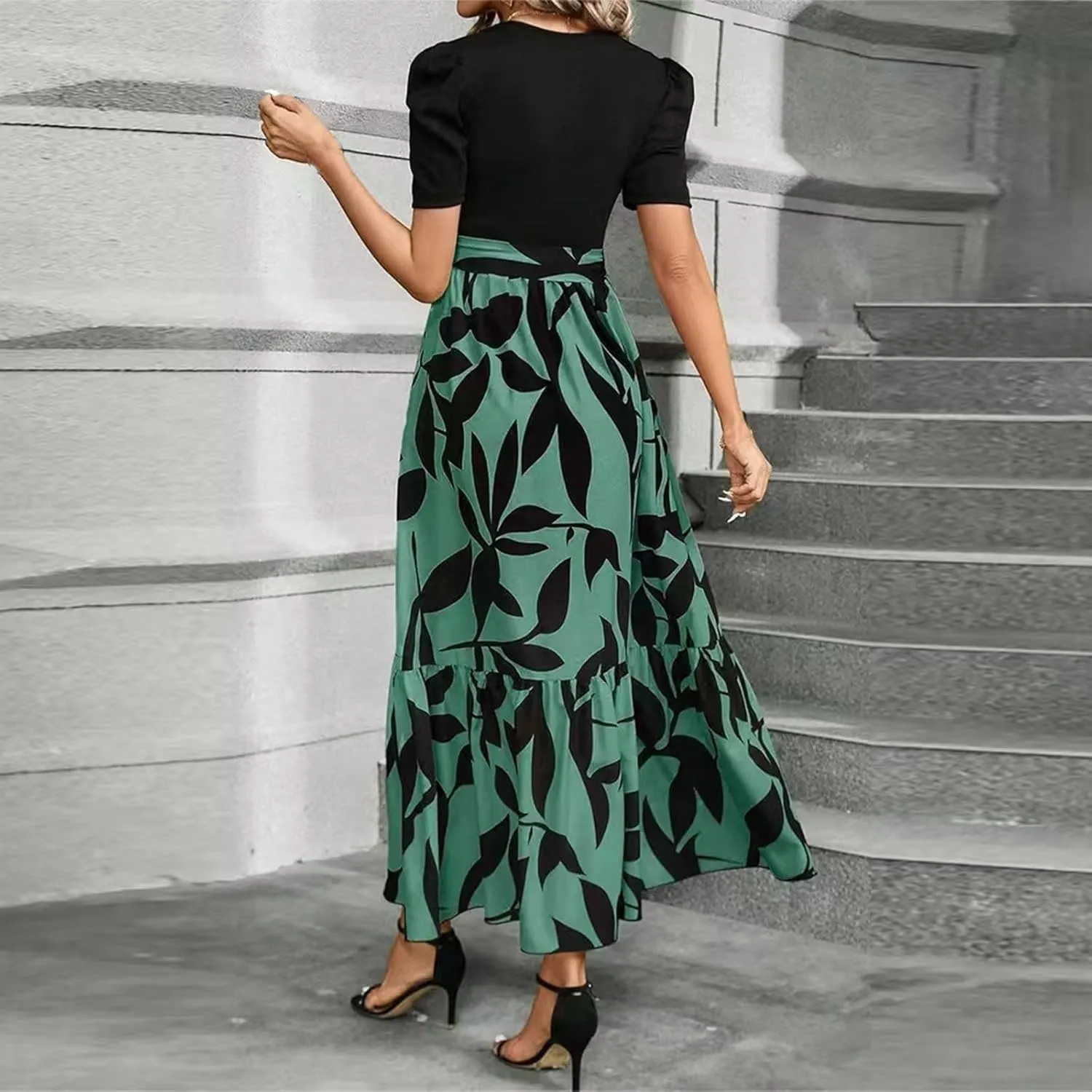 Womens Summer Dresses Floral Maxi Dress Short Sleeve A Line Ruffle Vacation Beach Sundresses with Belt Elegant