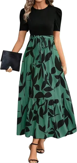 Womens Summer Dresses Floral Maxi Dress Short Sleeve A Line Ruffle Vacation Beach Sundresses with Belt Elegant
