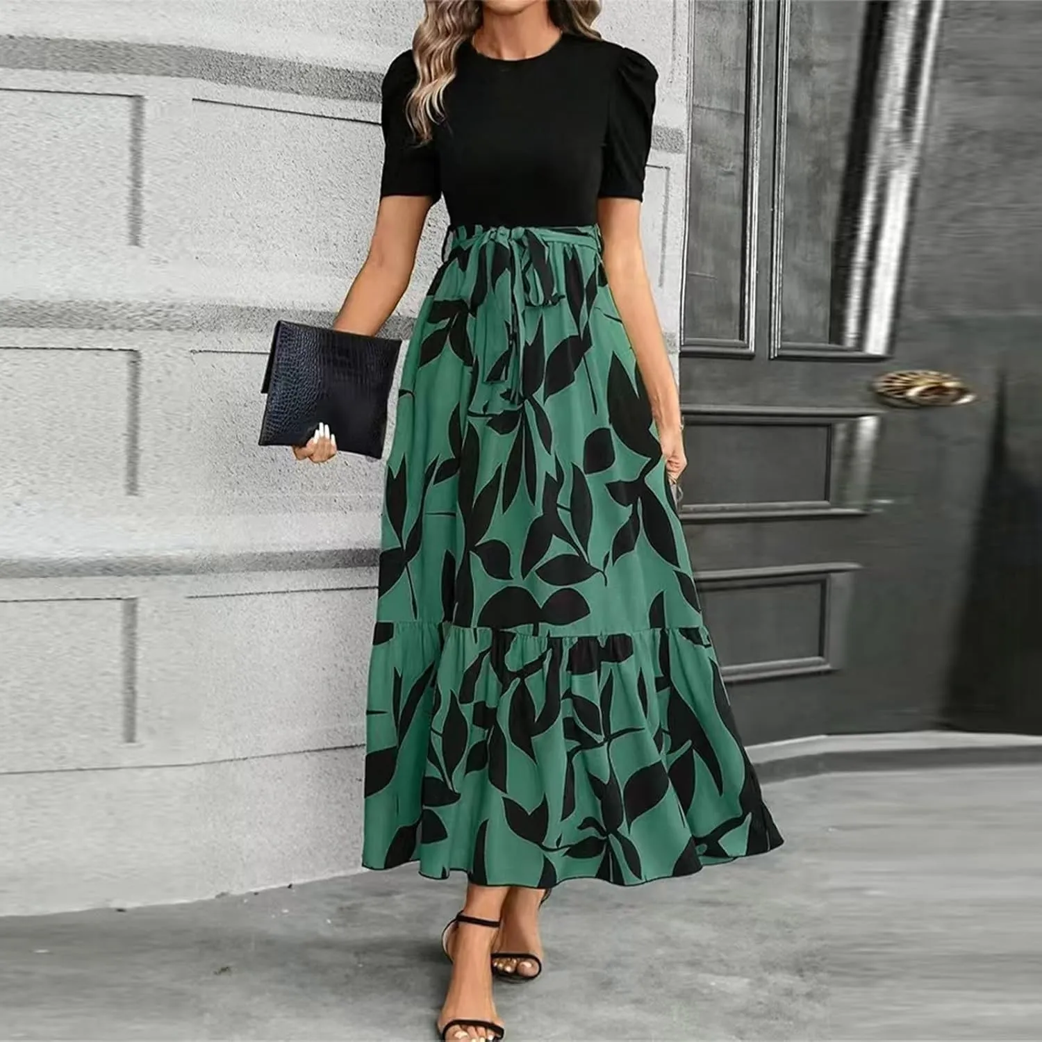 Womens Summer Dresses Floral Maxi Dress Short Sleeve A Line Ruffle Vacation Beach Sundresses with Belt Elegant