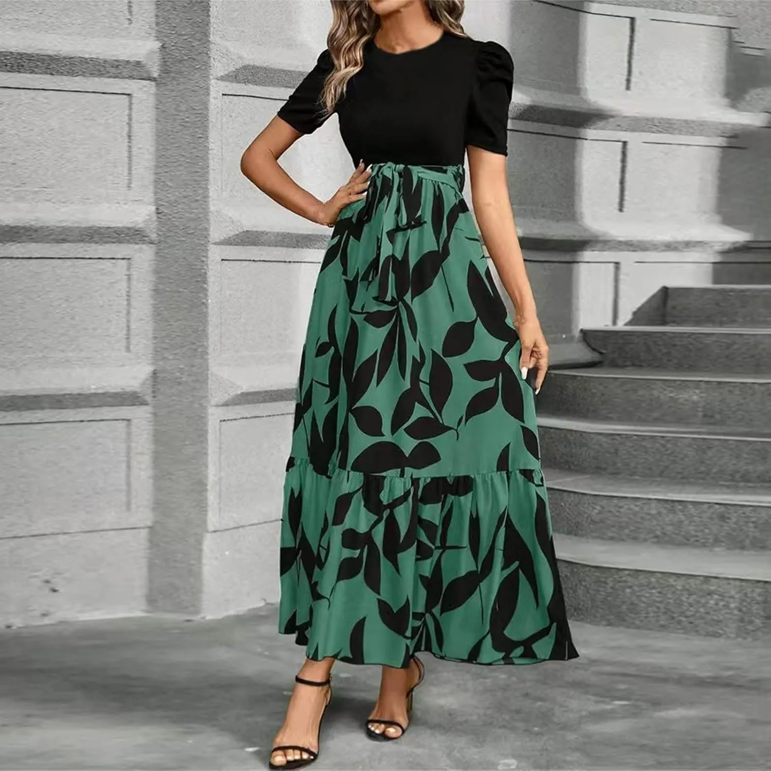 Womens Summer Dresses Floral Maxi Dress Short Sleeve A Line Ruffle Vacation Beach Sundresses with Belt Elegant