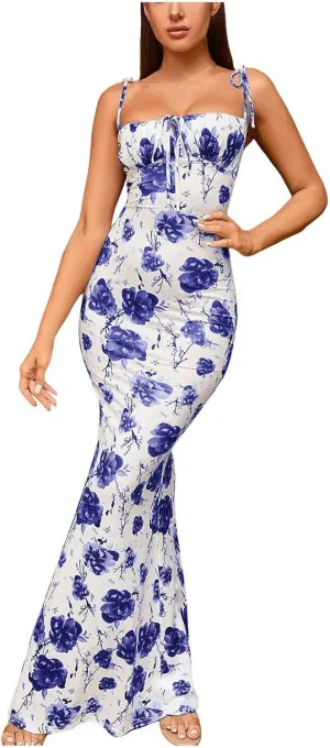 Women's Summer Floral Bodycon Backless Maxi Dress Sexy Lounge Slip Long Formal Party Evening Elegant Dress 2025