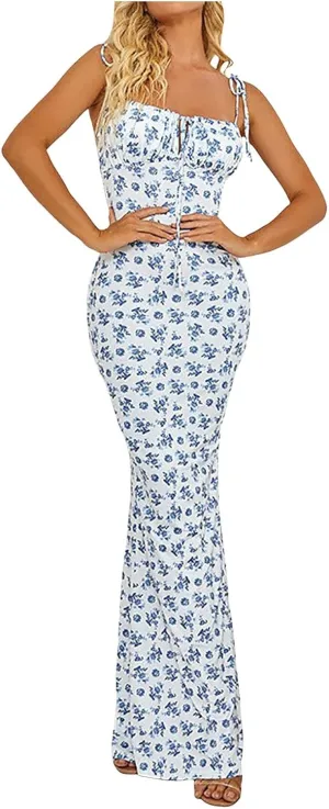 Women's Summer Floral Bodycon Backless Maxi Dress Sexy Lounge Slip Long Formal Party Evening Elegant Prom Dress