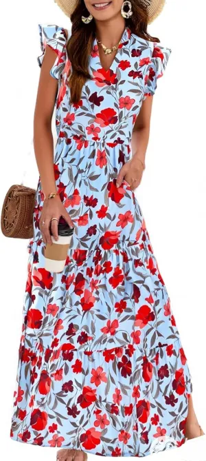 Womens Summer Floral Maxi Dress 2025 Cap Sleeve V Neck Ruffle Long Flowy Boho Casual Beach Vacation Sundresses