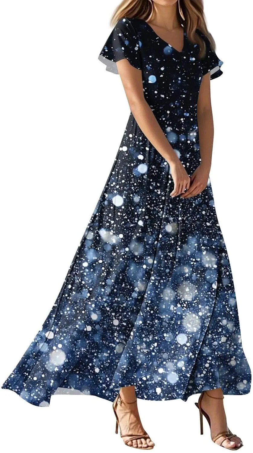 Women's Summer Long Dress Short Sleeve V-Neck Boho Floral Printed Flowy Swing Sundress Wedding Guest Loose Dresses